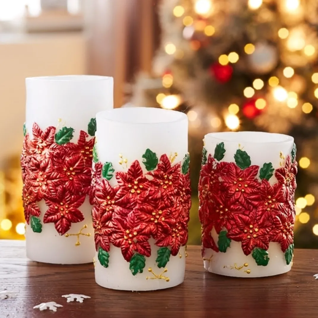 Décorations Intérieures Noël|Décorations-Tempsl 3 bougeoirs LED poinsettia